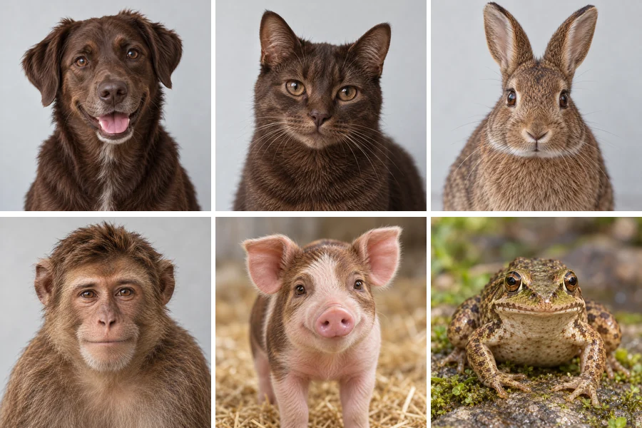 One man shown as a dog, a cat, a bunny, a monkey, a pig and a frog