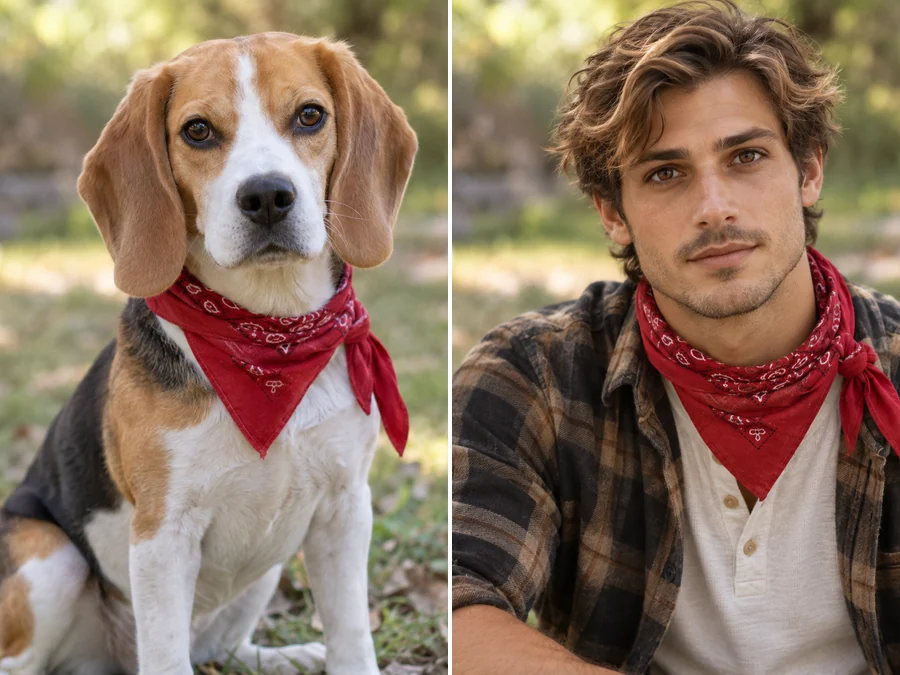 A beagle in a red collar and its human version, a young man wearing the same red collar