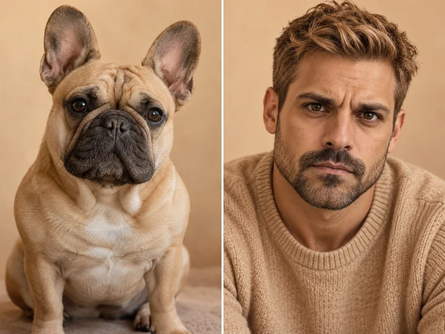 A fawn French bulldog and a man with the same tan coloring and worried expression