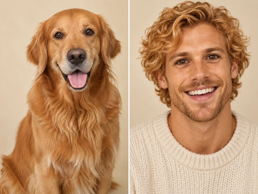 Dog to human AI example: a golden retriever and a smiling blond man
