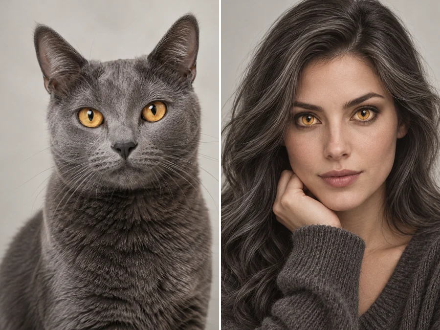 Cat as human: a grey cat with amber eyes and a dark-haired woman with the same eyes