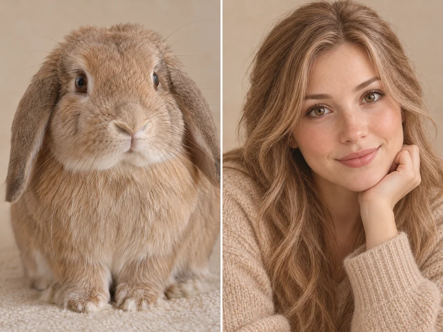 A lop-eared rabbit and its human version, a gentle young woman with light brown hair