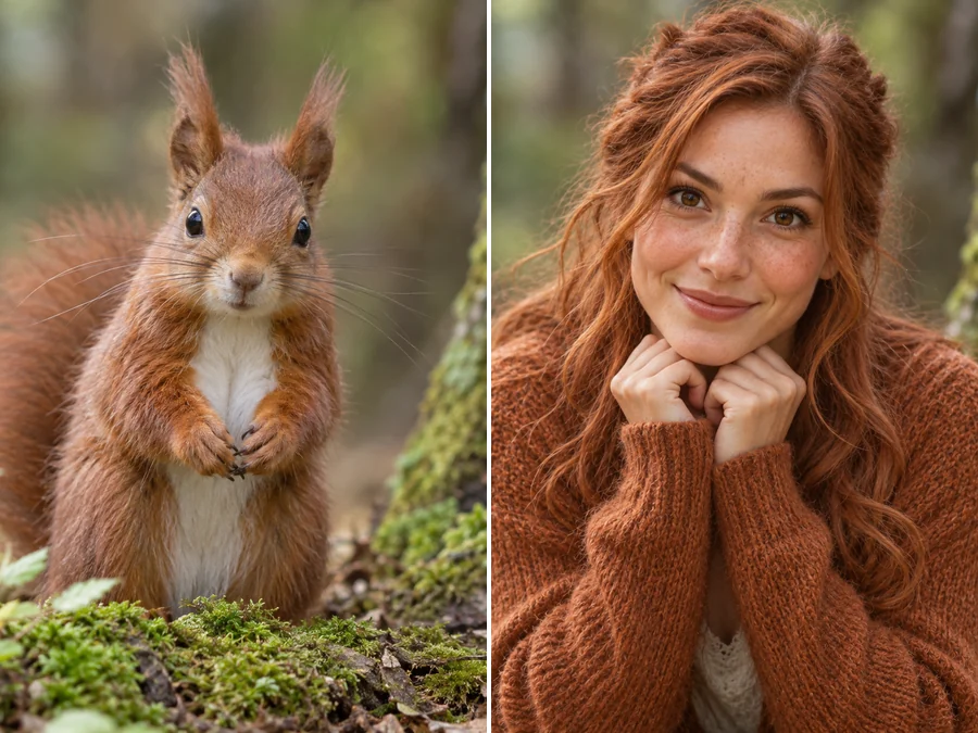A red squirrel and its human version, a woman with reddish brown hair