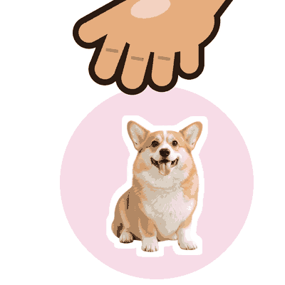 Round petpet GIF of a corgi sticker patted by a tan cartoon hand
