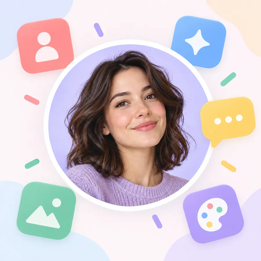 Profile picture inside a circle surrounded by social media icons