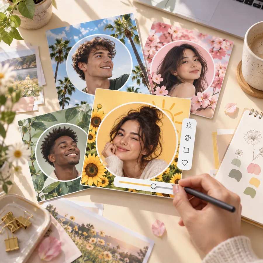 Several pfp templates with sunny and floral backgrounds being edited