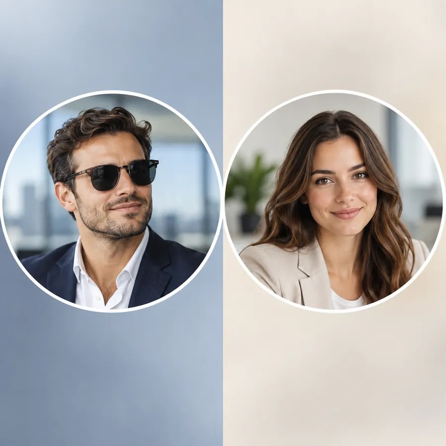 Professional profile photos of a man in sunglasses and a woman in a round frame