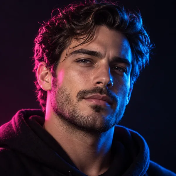 Neon lit profile picture of a man against a dark background