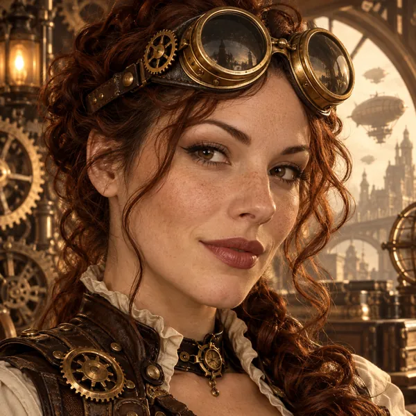 Steampunk profile picture of a woman with goggles and gears