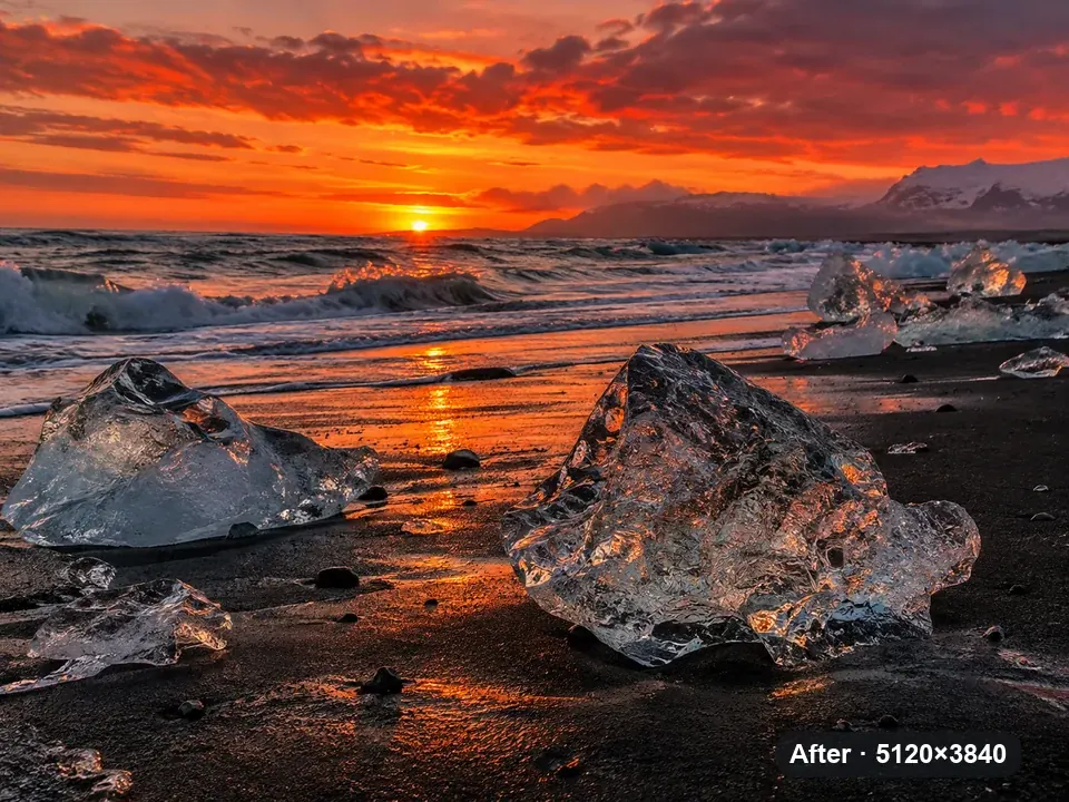 Drag to compare the small sunset photo and the 4× enlarged landscape (after)