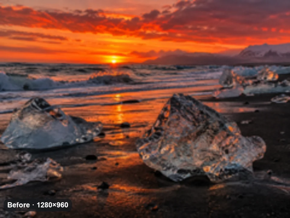 Drag to compare the small sunset photo and the 4× enlarged landscape (before)