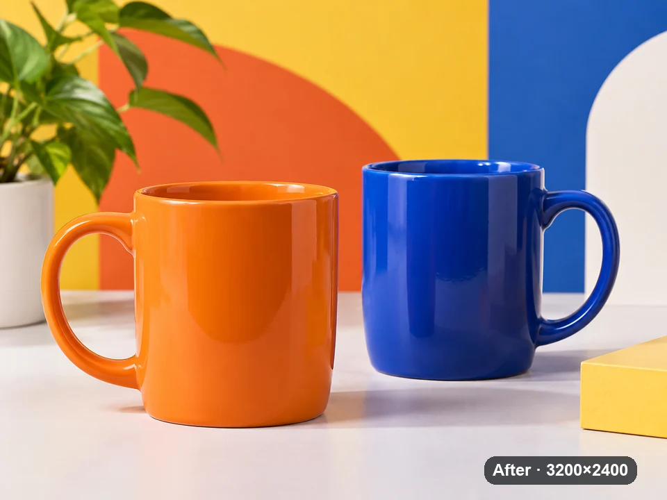 Drag to compare the small mug product photo and the 4× enlargement (after)