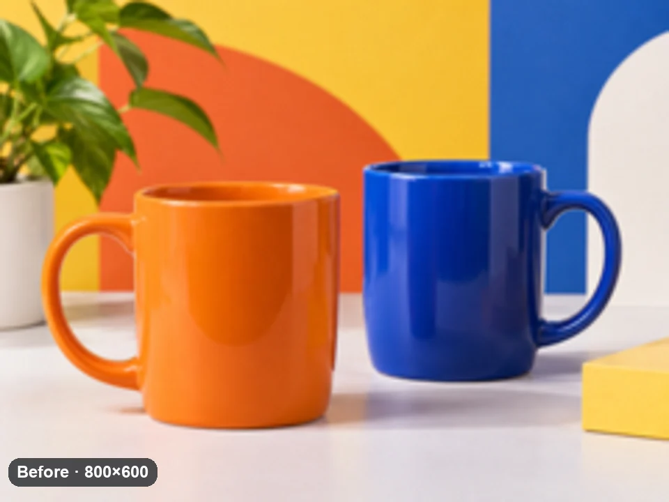 Drag to compare the small mug product photo and the 4× enlargement (before)