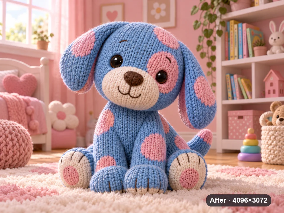 Drag to compare the 1024 × 768 toy render and the 4096 × 3072 enlargement (after)