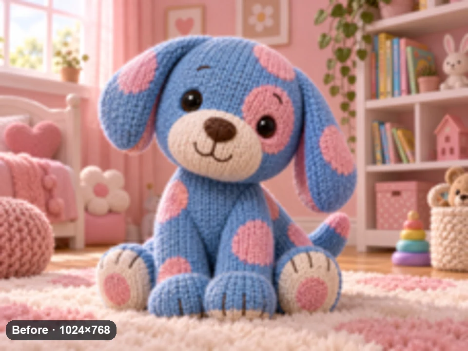 Drag to compare the 1024 × 768 toy render and the 4096 × 3072 enlargement (before)