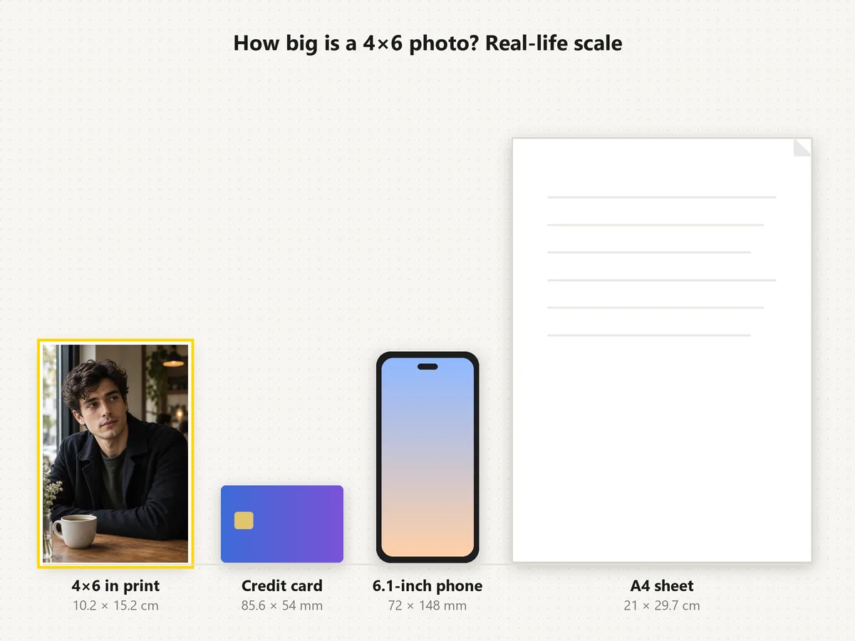 A 4×6 inch photo print next to a credit card, a 6.1-inch phone and an A4 sheet at real-life scale