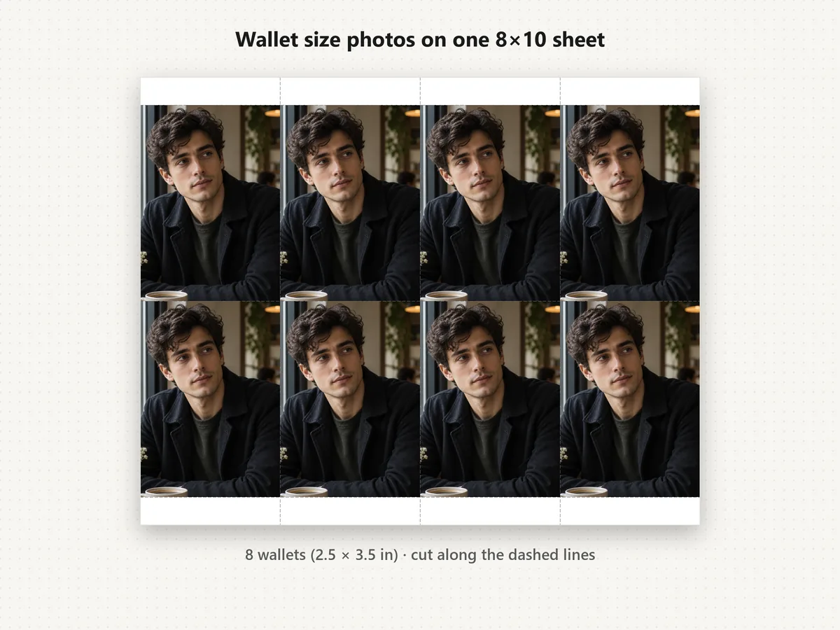 Eight wallet size photos of 2.5 × 3.5 inches tiled on one 8×10 sheet with dashed cut lines