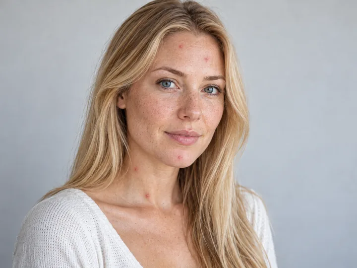 Drag to compare the portrait with acne spots and the retouched portrait with clear skin (before)