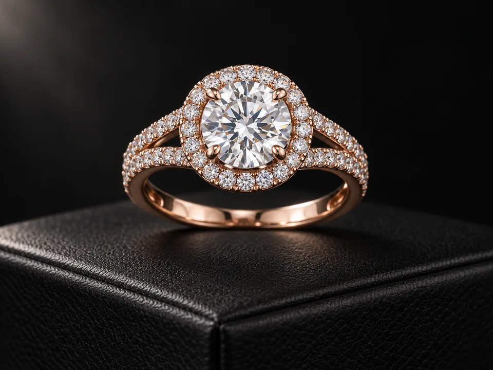 Drag to compare the dusty halo diamond ring on a black box and the clean, retouched ring (after)
