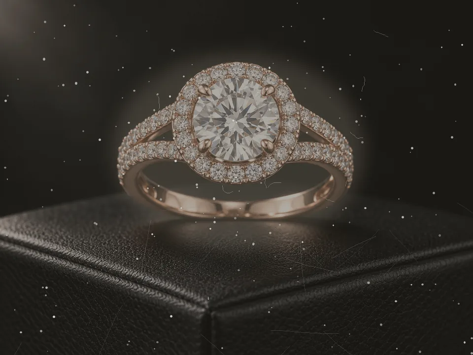 Drag to compare the dusty halo diamond ring on a black box and the clean, retouched ring (before)