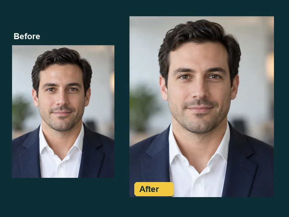 Business headshot of a man with an oily, shiny forehead in the small before photo and a matte, natural finish in the large after photo