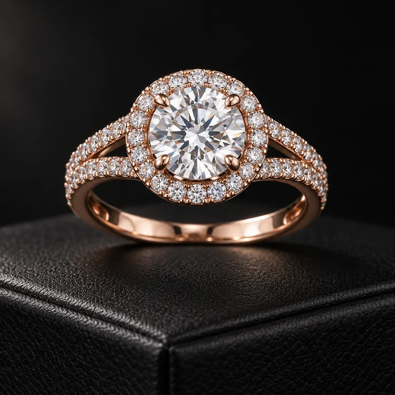 Drag to compare the close-up of a dusty, hazy halo diamond ring and the retouched ring with clean metal and crisp stones (after)