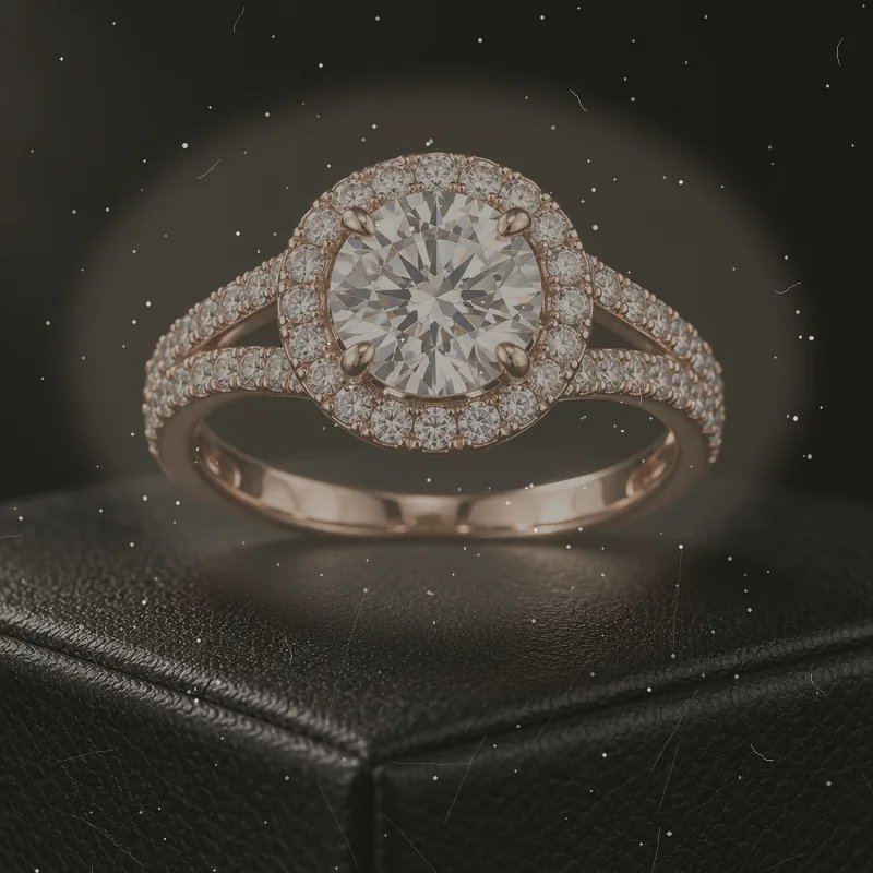 Drag to compare the close-up of a dusty, hazy halo diamond ring and the retouched ring with clean metal and crisp stones (before)
