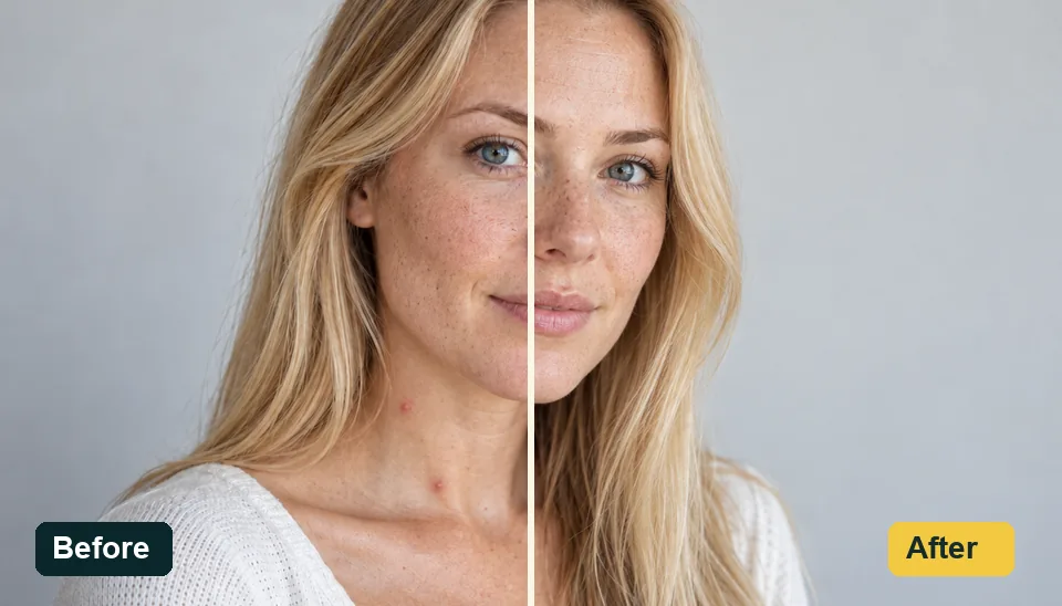 Split-face portrait of a woman: acne and redness on the left half, clear skin with visible pores on the right half