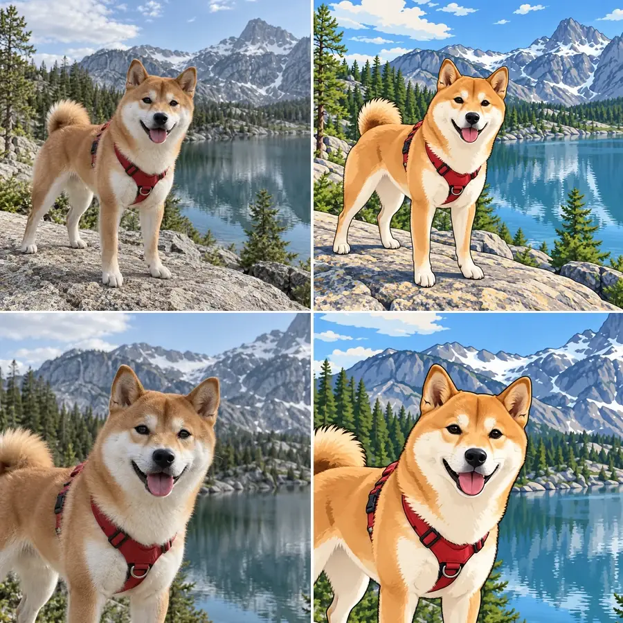 Shiba dog photo next to its cartoon version with the same red harness