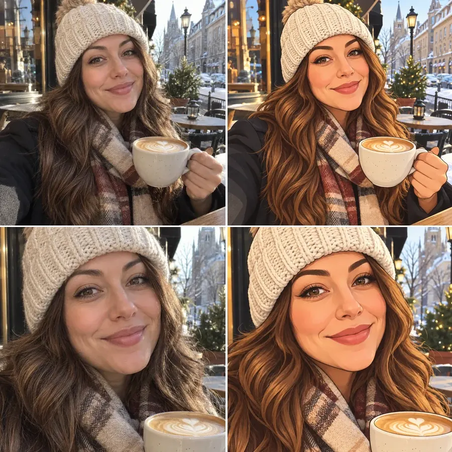 Selfie in a beanie next to its cartoon avatar version