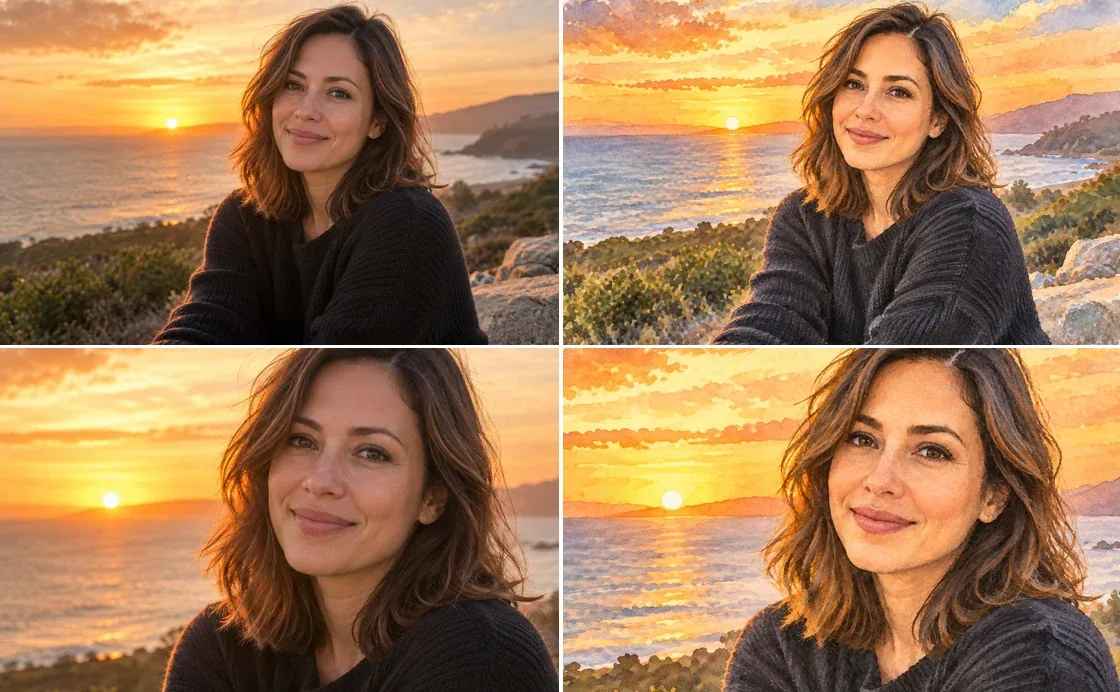 Sunset portrait photo next to its soft cartoon version