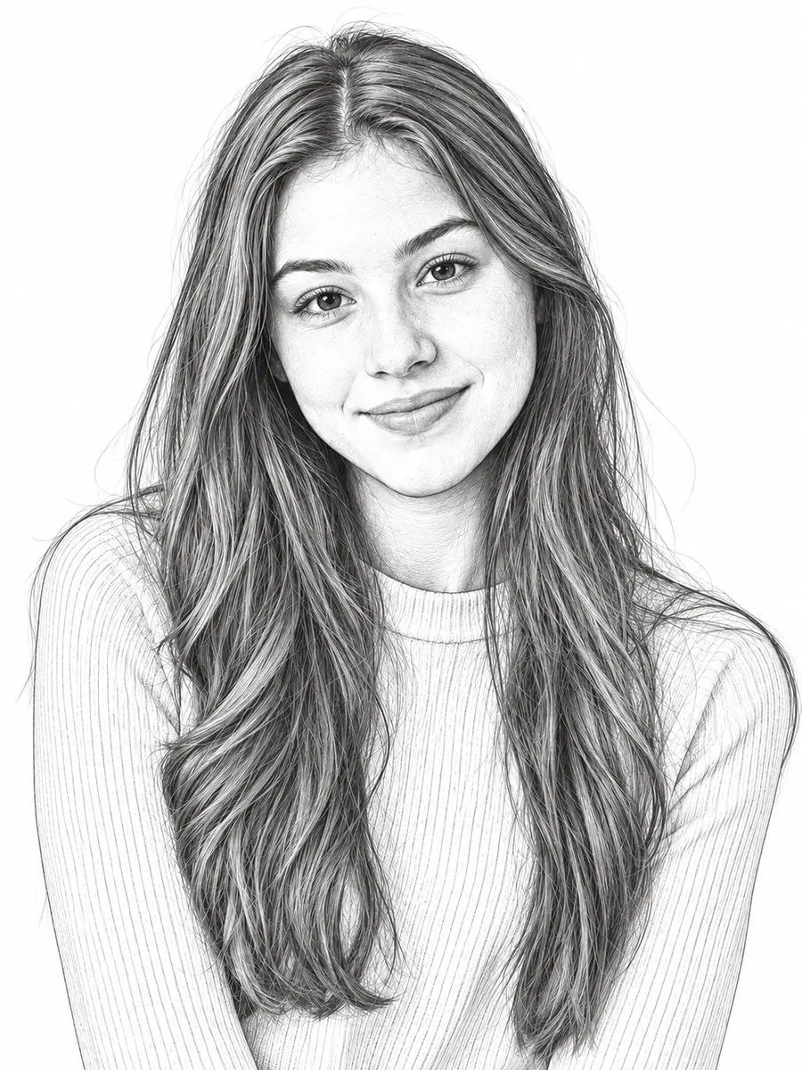 Drag to compare the portrait photo and the detailed line drawing (after)