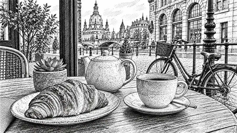 Drag to compare the cafe photo and the cross-hatched line drawing (after)