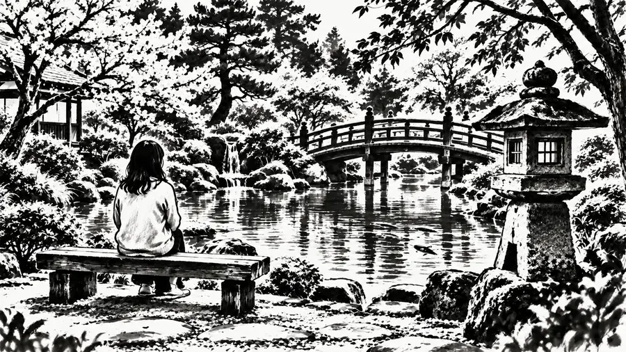 Drag to compare the garden photo and the full-scene ink drawing (after)