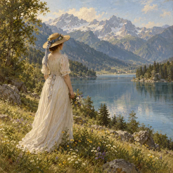 Woman in a long dress beside a mountain lake, painted in a classic oil style