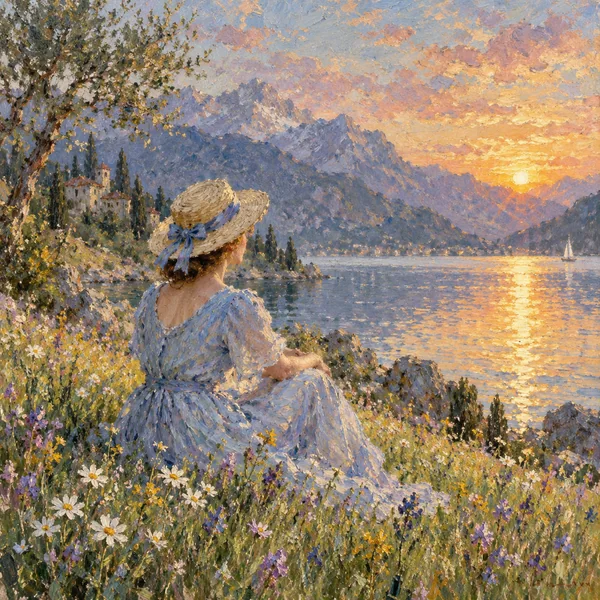 Woman sitting by a lake at sunset, painted with impressionist brushwork