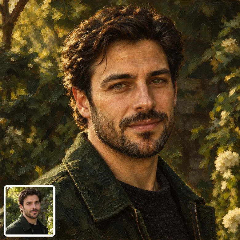 Man portrait repainted as an Old Master oil painting with a leafy background