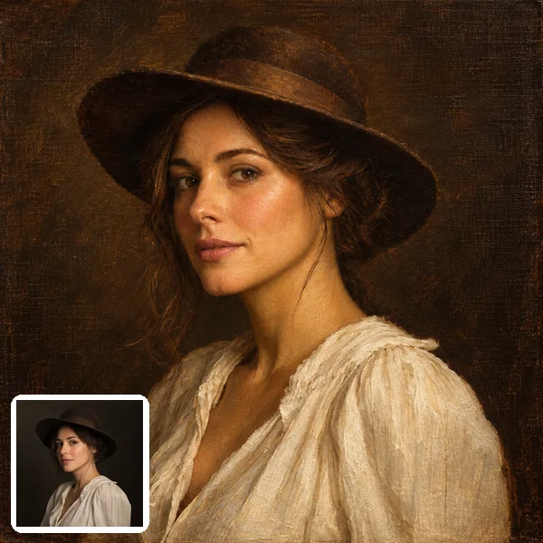 Portrait photo of a woman in a hat turned into a Renaissance-style oil painting