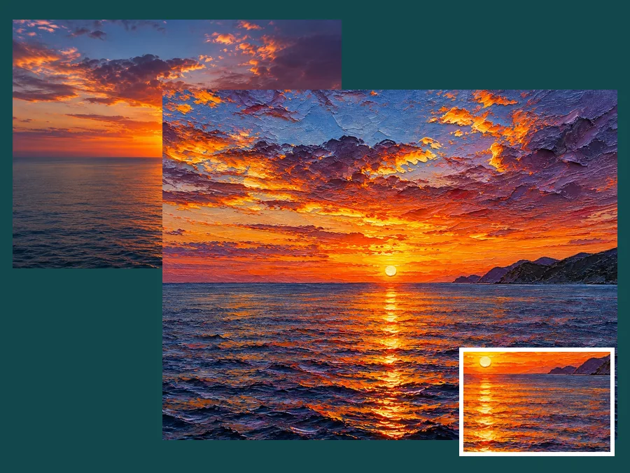 Sunset landscape photo repainted with layered oil brushstrokes and an impasto close-up