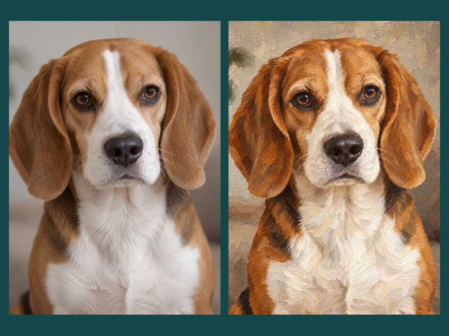 Dog photo and its oil painting side by side with the markings preserved