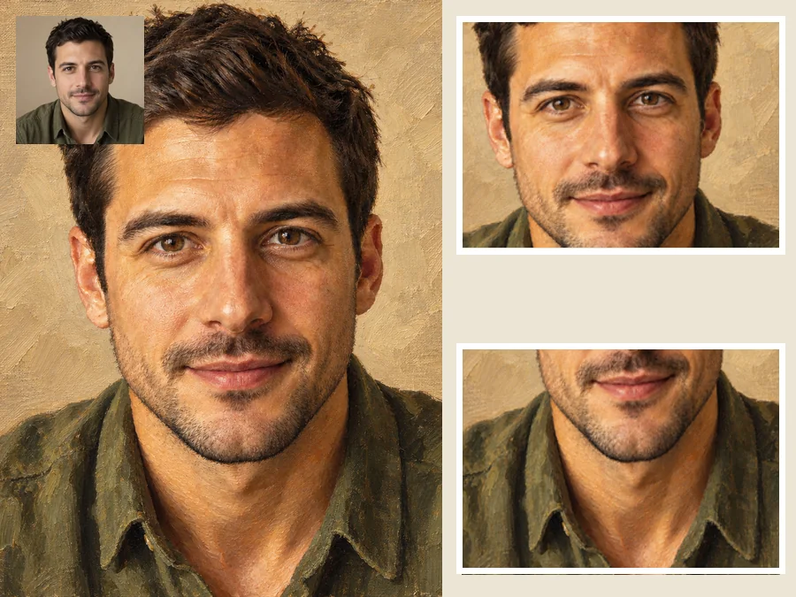 Portrait photo repainted as an oil painting with sharp eyes and painted skin texture