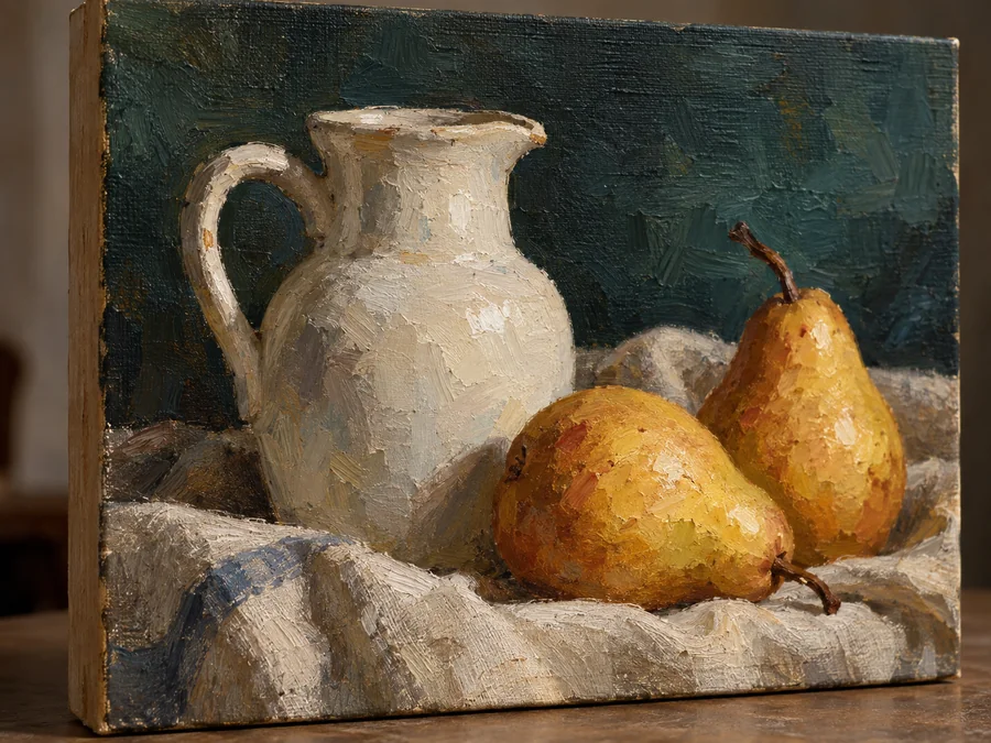 Still-life oil painting of a jug and pears on a woven canvas board