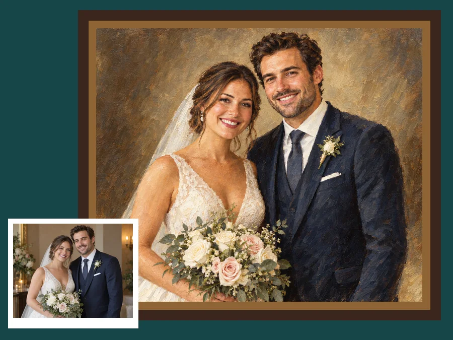 Wedding photo turned into a framed oil painting on canvas