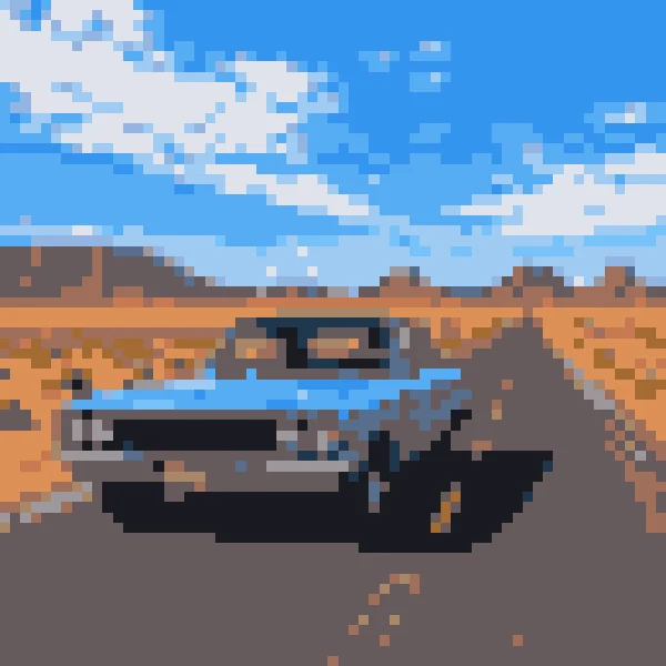 A classic car on a desert road as 8-bit pixel art with bold, limited colors