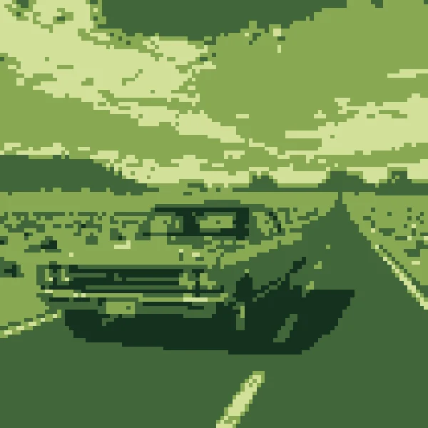 The same car as pixel art in four shades of handheld-screen green