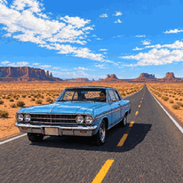 The same car as detailed high-resolution pixel art with soft lighting