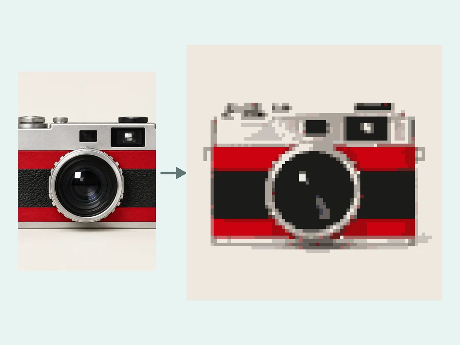 A product photo of a camera converted into a pixel icon shown on a grid