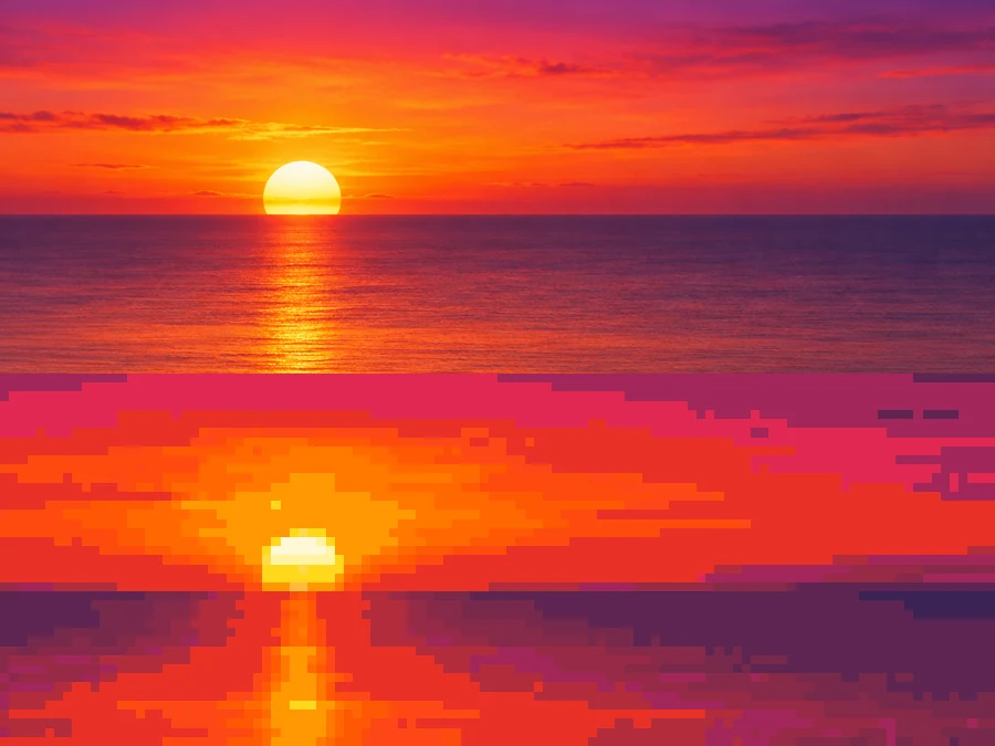 A sunset photo converted into a banded, dithered 16-bit pixel art gradient
