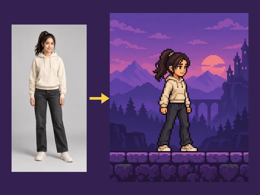 A reference photo of a woman in a hoodie turned into a pixel sprite standing on a platformer level