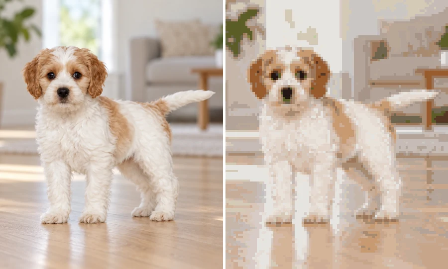 A photo of a fluffy puppy next to the same puppy as pixel art